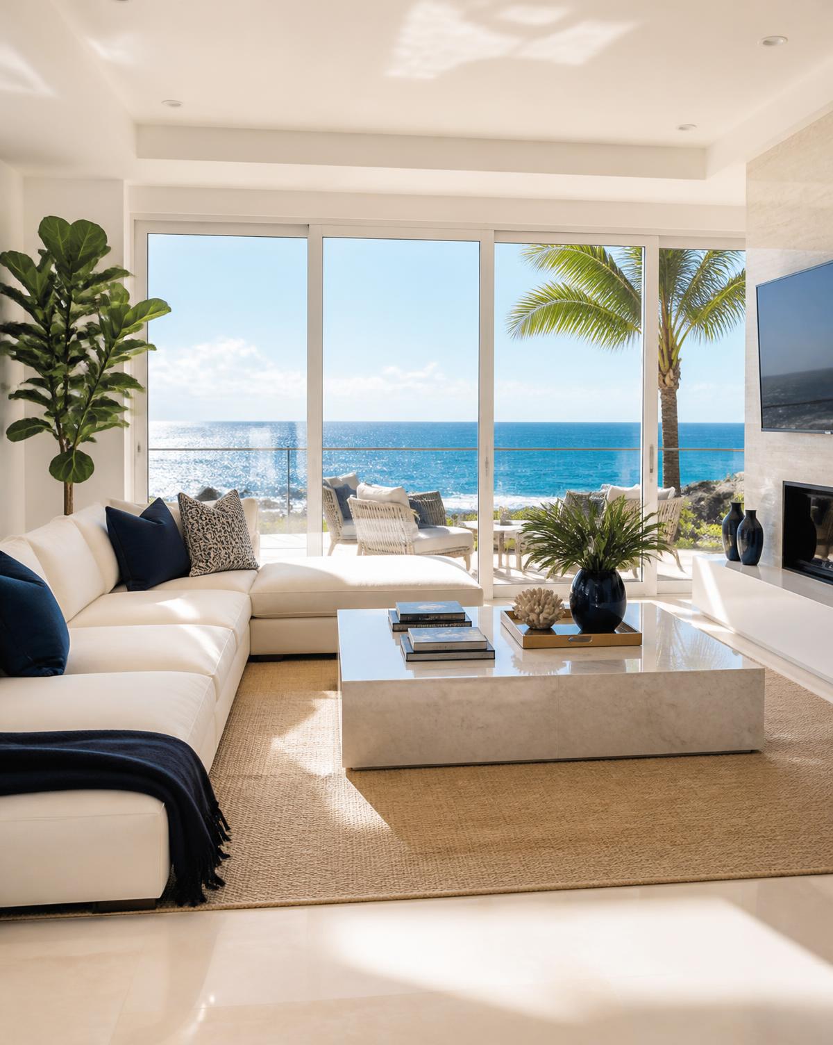 Sunlit coastal living room with ocean views and polished surfaces