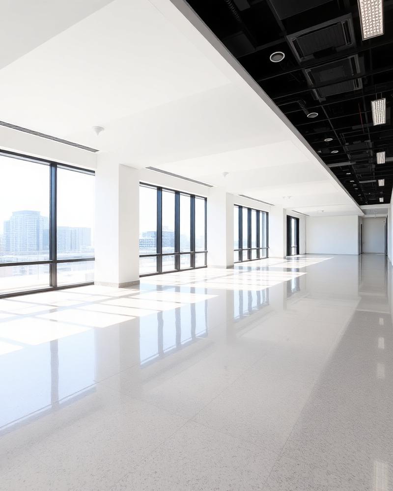 Spotless modern office floor gleaming beside floor-to-ceiling windows