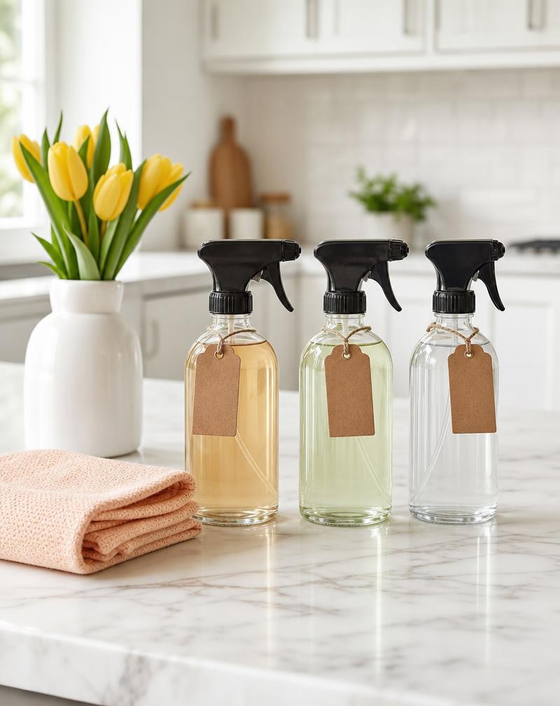 Eco-friendly cleaning supplies arranged on a white marble kitchen counter