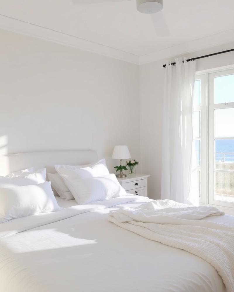 Vacation rental bedroom with crisp white linens and an ocean view